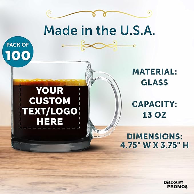 Custom Libbey Clear Glass Coffee Mugs 13 oz. Set of 100, Personalized Bulk Pack - Perfect for Coffee, Tea, Espresso, Hot Cocoa, Other Beverages - Black Bottom
