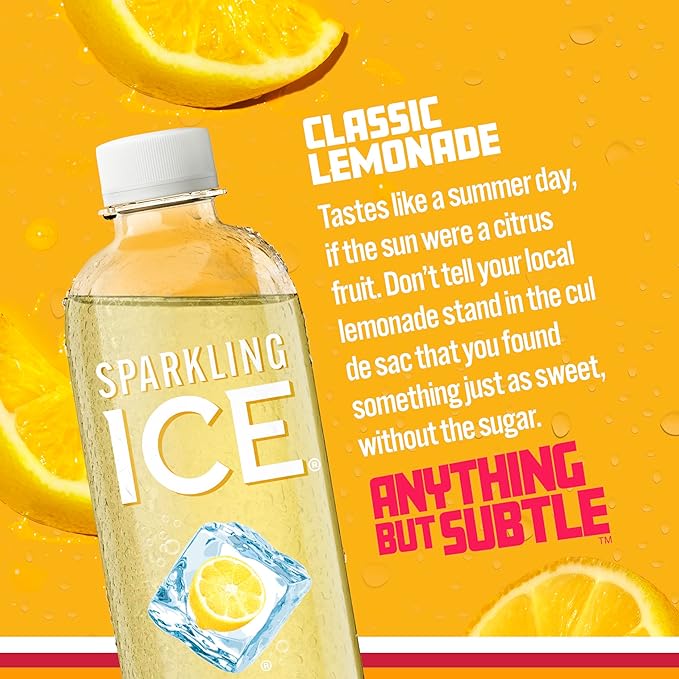 Sparkling Ice, Classic Lemonade Sparkling Water, Zero Sugar Flavored Water, with Vitamins and Antioxidants, Low Calorie Beverage, 17 oz Bottles (Pack of 12)