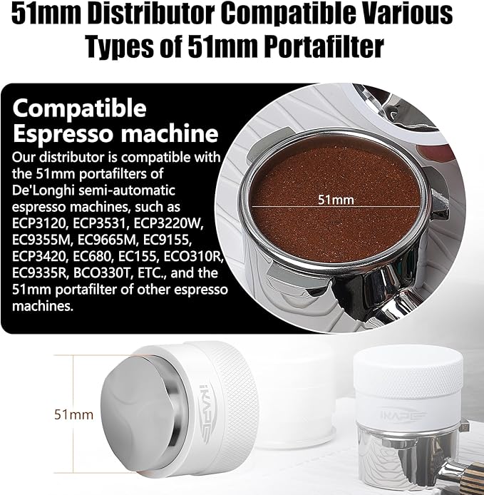 IKAPE 51MM Coffee Distributor, Gravity Adaptive Espresso Distributor Fits All 51MM Espresso Portafilter, Compatible with 51MM Delonghi Bottomless Portafilter (White)