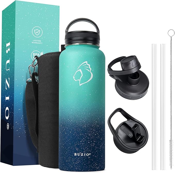 BUZIO 40 oz Water Bottle Insulated with Straw & 3 lid and Carrying Pouch, Leak Proof Anti-Slip Stainless Steel Water Flask Jug, Cold for 48 Hrs Double Vacuum Thermo Canteen, BPA-Free, Starry Pacific