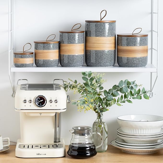 Airtight Coffee Storage Container Jar with Lid, Ceramic Kitchen Food Storage Jars for Spice Sugar Cookie, Coffee Bean Stackable Decorative Jars for Housewarming, Grey & 28oz