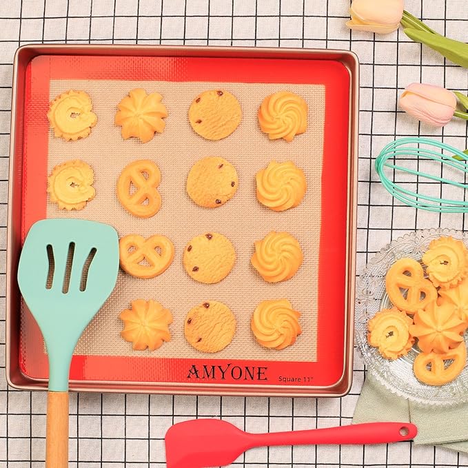 AMYONE Square Silicone Baking Mats for 11 Inch Cake Pan/11x11 Cheesecake Pan/Toaster Oven/XL Air Fryer, Food Grade Silicone Baking Sheet Liners for Cookie/Cake/Pastry/Torte, Non-Stick, Reusable 2 PCS