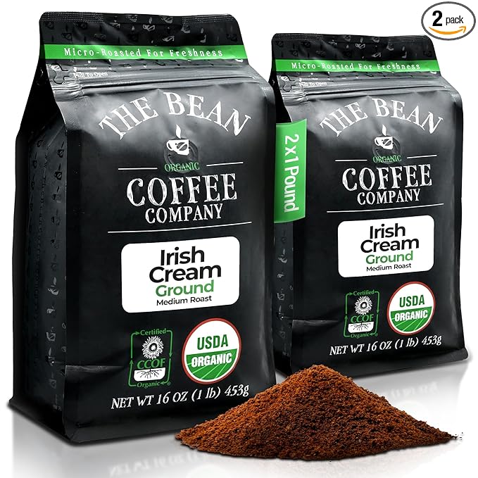 The Bean Organic Coffee Company Irish Cream, Medium Roast, Ground Coffee, 16-Ounce Bags (Pack of 2), Café molido tostado orgánico