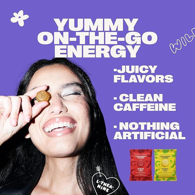 Proper Wild Vegan Energy Gummies with L-Theanine & Organic Caffeine, Clean Energy & Focus, Plant-Based Energy, Gluten-Free, Non-GMO, Dairy-Free, Stevia-Free, Soy-Free, Sour Lemon Lime (10-Pack)