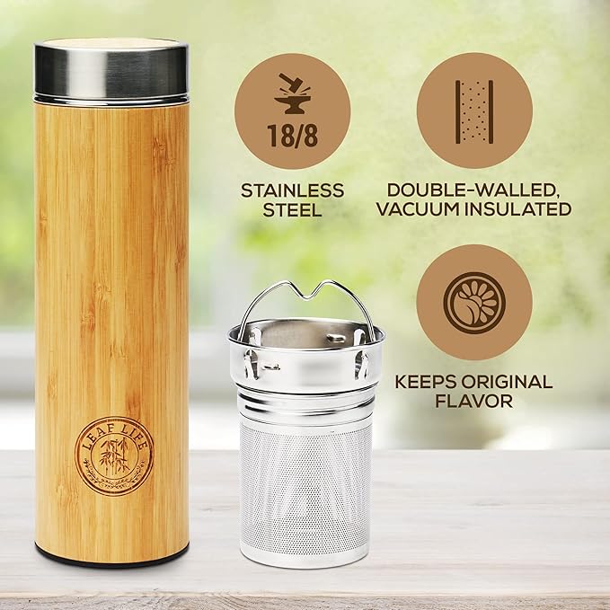 LeafLife Premium Bamboo Tea Bottle for Loose Tea - Tea Infuser Bottle - Tea Gifts - Insulated Water Bottle/Coffee Tumbler/Tea - Tea Gift Set, Tea Accessories - Tea Tumbler 17oz