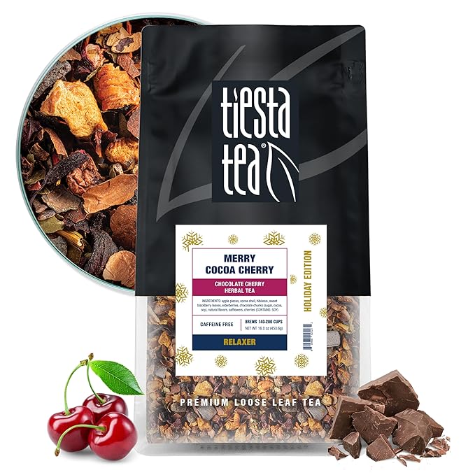 Tiesta Tea - Merry Cocoa Cherry Loose Leaf Tea, Chocolate Cherry Herbal Blend, Non-Caffeinated, Hot or Iced, Makes up to 200 Cups in Resealable Bulk Pouch, 16 Ounce