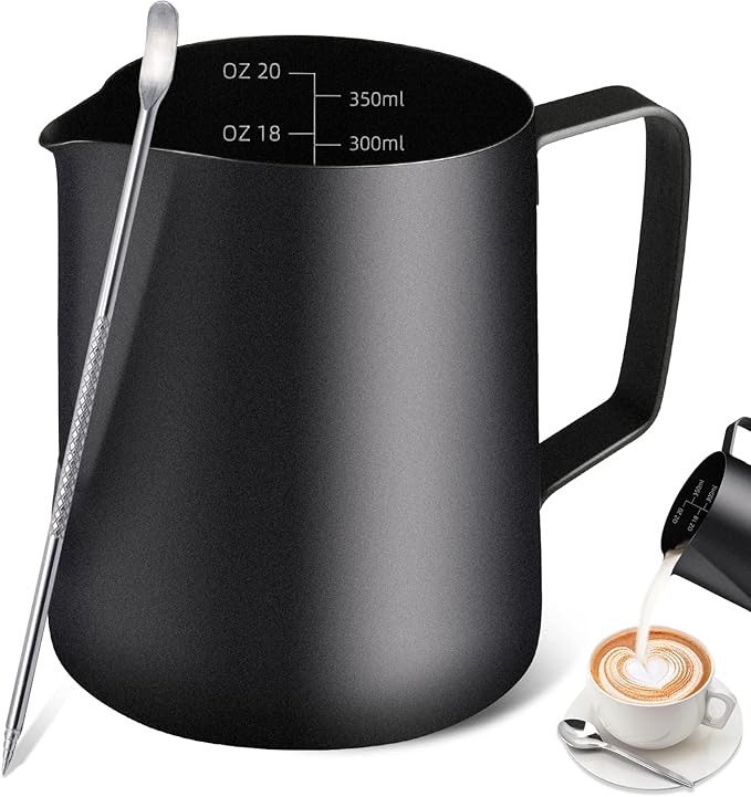 Milk Frothing Pitcher, 12OZ/350ML Stainless Steel Espresso Steaming Pitcher Coffee Milk Frother Cup with Decorating Art Pen for Espresso Machine, Milk Frother, Latte Art Black