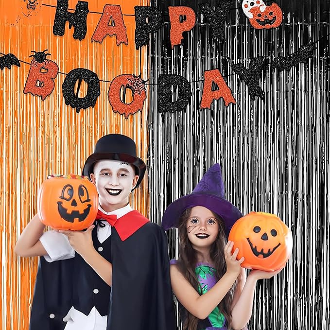 BRAVESHINE 1 Black 1 Orange Tinsel Photo Backdrop Curtains - 3.2x8.2ft Foil Fringe Streamer Curtain for Birthdays, Halloweens, Graduations, Pumpkin, Home, Indoor or Outdoor Party Supplies Decorations
