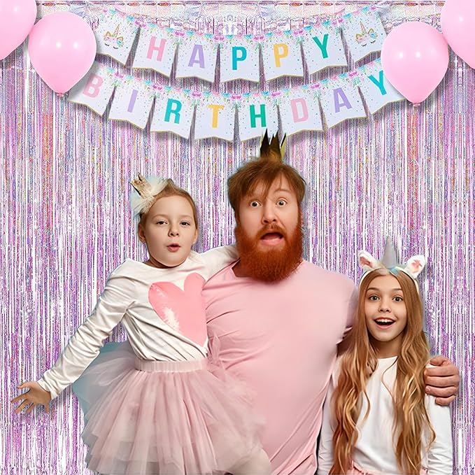 BRAVESHINE Pink Streamers Tinsel Foil Fringe Curtains - 2Pcs 3.2x8.2ft Metallic Photo Booths Backdrop for Girl/Princess/Birthday/Bridal Shower/Engagement/Bachelorette/Boo/Halloween Party Decorations