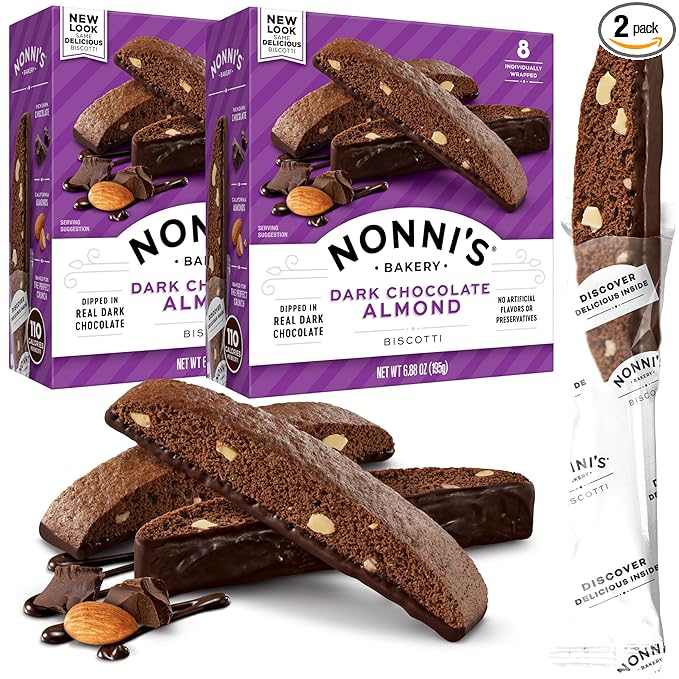Nonni's Dark Chocolate Almond Biscotti Italian Cookies - 2 Boxes Dark Chocolate Cookies - Biscotti Individually Wrapped Cookies - Italian Biscotti Cookies w/Bittersweet Chocolate & Almonds - 6.88 oz