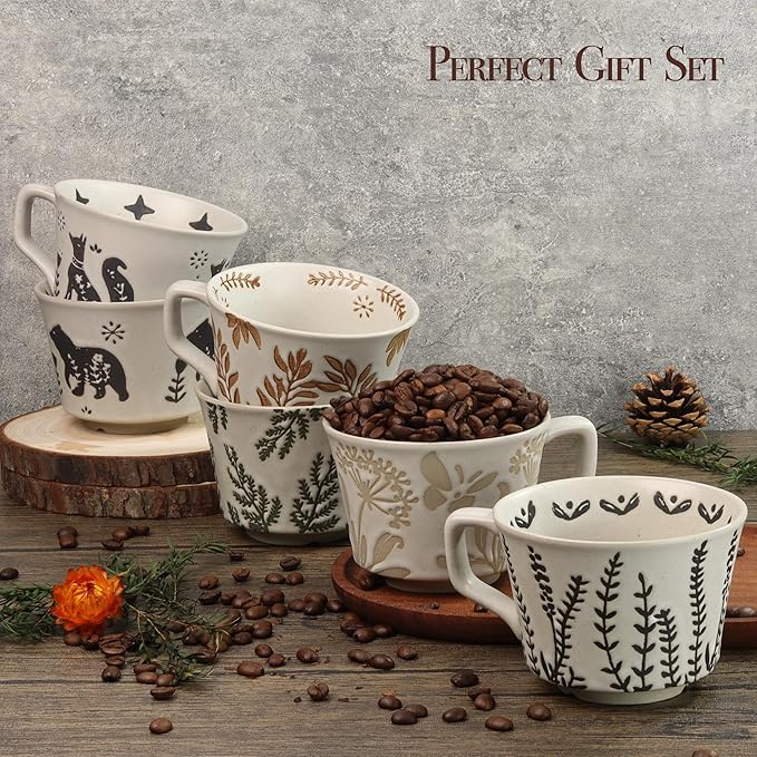 Ceramic Coffee Mug, 12 oz Novelty Unique Teacup with Large Handle, Stoneware Cup for Tea Mocha Latte Cappuccino Espresso (Set of 4, Butterfly Grass Ivy and Leaf)