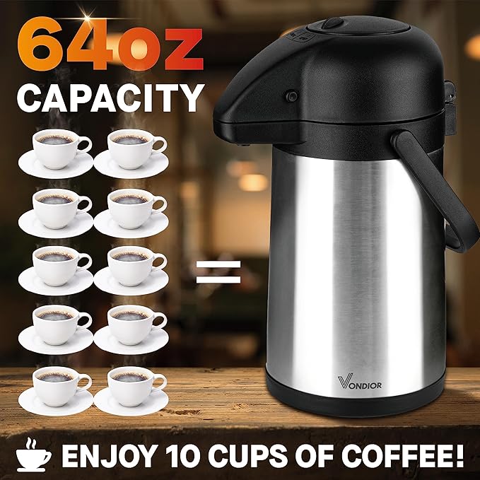 64 Oz Airpot Coffee Dispenser with Pump, 2Pcs Insulated Thermal Coffee Carafe - Stainless Steel Hot Beverage Dispenser - Coffee Urn for Hot/Cold Water, Drink Dispenser for Parties