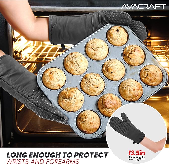 AVACRAFT Oven Mitts Pair, Flexible, 100% Cotton with Unique Heat Resistant Food Grade Silicone, Thick Terry Cloth Interior, 500 F Heat Resistant (Grey Oven Mitts)