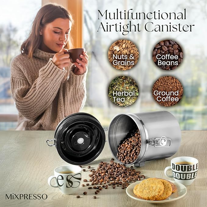 Mixpresso 16 Oz Coffee Canister with Scoop, Stainless Steel Airtight Coffee Container, Air tight Jar Tea Storage with Date Tracker, Vacuum Sealed Espresso Airtight Canister, Sugar Container for Home