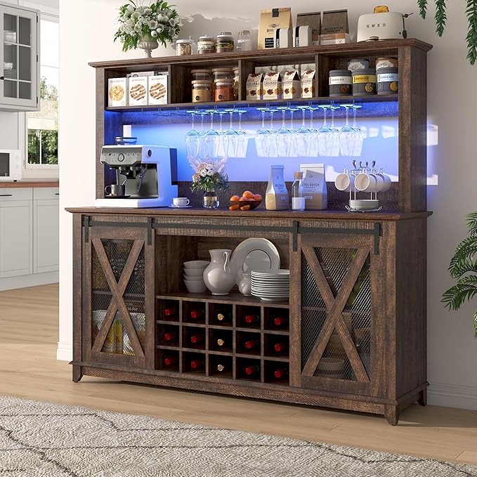 63"W Farmhouse Coffee Bar Cabinet with LED Light,Wine Bar Cabinet w/ 4 Tier Storage Hutch,Kitchen Buffet Cabinet w/Sliding Barn Door & 15 Wine and Glass Racks for Kitchen Dining Room(Brown)