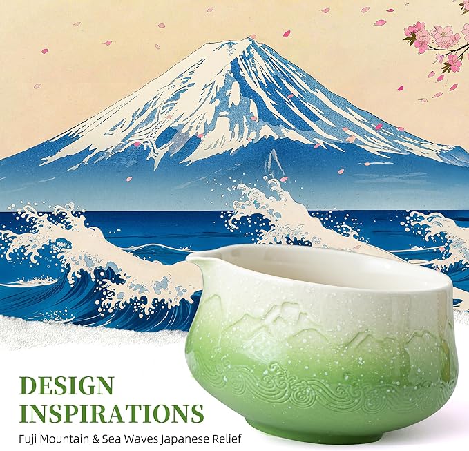 TEANAGOO 7 Pcs Matcha Whisk Set,Green Matcha Set, Ceremony Matcha Powder Kit,Matcha Tea Set for Making Latte,Matcha Whisk Set and Bowl with Scoop&Sifter,Fuji Design Ceramic Bowl,Gift for Matcha Lovers
