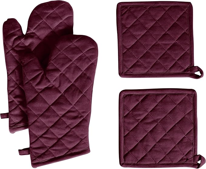 Native Fab 4 Piece Set - 2 Oven Mitts & 2 Potholders, Heat Resistant, 100% Cotton, Quilted Design, Non-Slip Grip, Machine Washable, Ideal for Baking, Cooking, BBQ, Kitchen Protection - Burgundy Wine