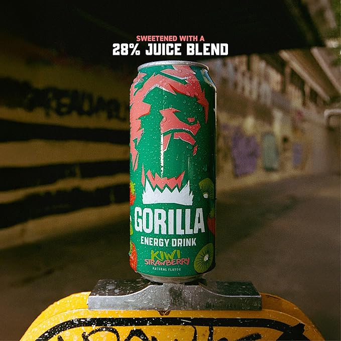 Gorilla Energy Drink, Kiwi Strawberry, 200mg Natural Caffeine, Real Fruit Juice Squeezed & Concentrated, L-Theanine, Taurine, Ginseng, Acetyl L-Carnitine, No Added Sugar and No Artificial Colors, 12 Pack