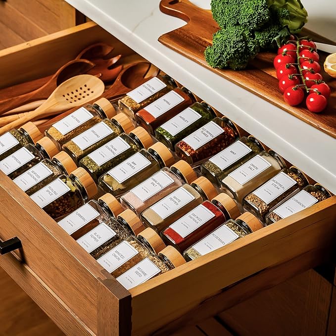 Set of 24 Glass Spice Jars with Various Labels, Bamboo Shaker Lids & Funnel, Kitchen Storage Jars with Airtight Lid, Spices & Seasonings Sets Organizer, Spice Containers, Glass Jar Food Canister