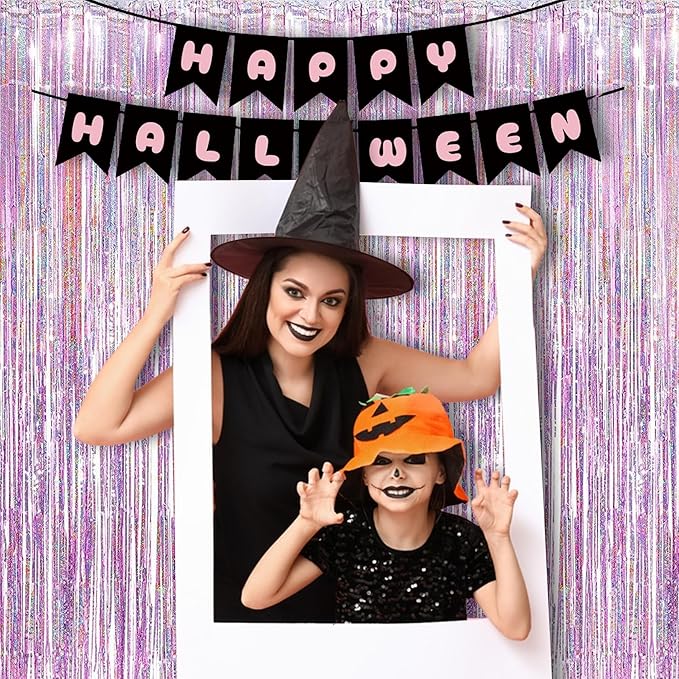 BRAVESHINE Pink Streamers Tinsel Foil Fringe Curtains - 2Pcs 3.2x8.2ft Metallic Photo Booths Backdrop for Girl/Princess/Birthday/Bridal Shower/Engagement/Bachelorette/Boo/Halloween Party Decorations