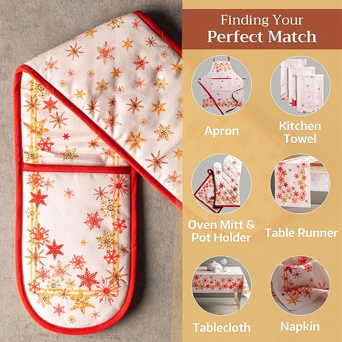 Maison d' Hermine Double Oven Mitts 100% Cotton 7"x35" Double Oven Mitt Heat Resistant BBQ Cooking Gloves with Loop, Baking, Grilling, Home, Kitchen, Handling Hot Pans (Crystal Star)