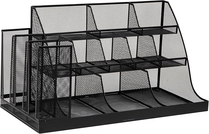 Mind Reader Countertop Organizer, 3-Tier Desktop Storage Rack, Office Breakroom Supply Caddy, Metal Mesh, Black