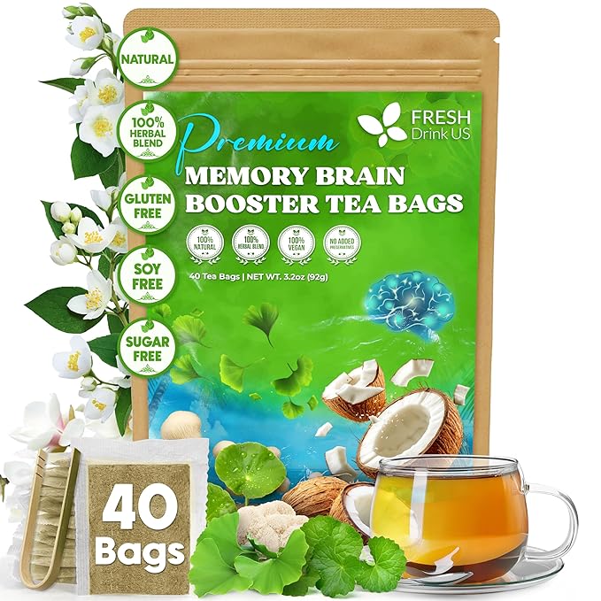 FreshDrinkUS, Memory Brain Booster Herbal Tea – 40 Tea Bags – Ginkgo Biloba, Gotu Kola, Lion's Mane & MCT Coconut Oil – Smooth, Earthy Flavor – Caffeine-Free – Daily Herbal Blend for Anytime Use
