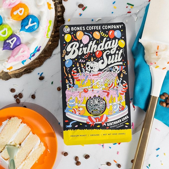 Bones Coffee Company Birthday Suit, Birthday Cake Flavored Coffee, Medium Roast Low Acid Arabica Beans Compatible with Auto drip and French Press Coffee Maker, 12 Oz Whole Bean