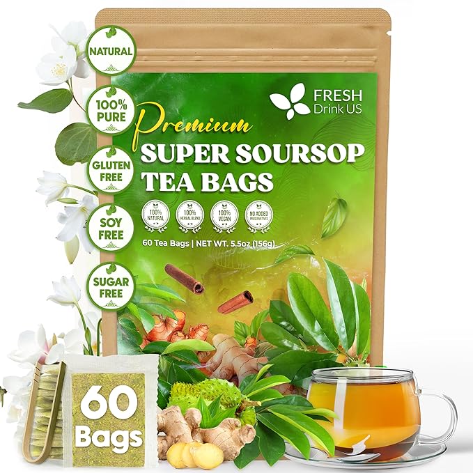 FreshDrinkUS, Super Soursop Herbal Tea – 60 Tea Bags | Soursop, Ginger, Turmeric, Lemongrass, Cinnamon, Black Pepper & Peppermint | Caffeine-Free, Natural Flavor, Plant-Based Blend | Sugar-Free