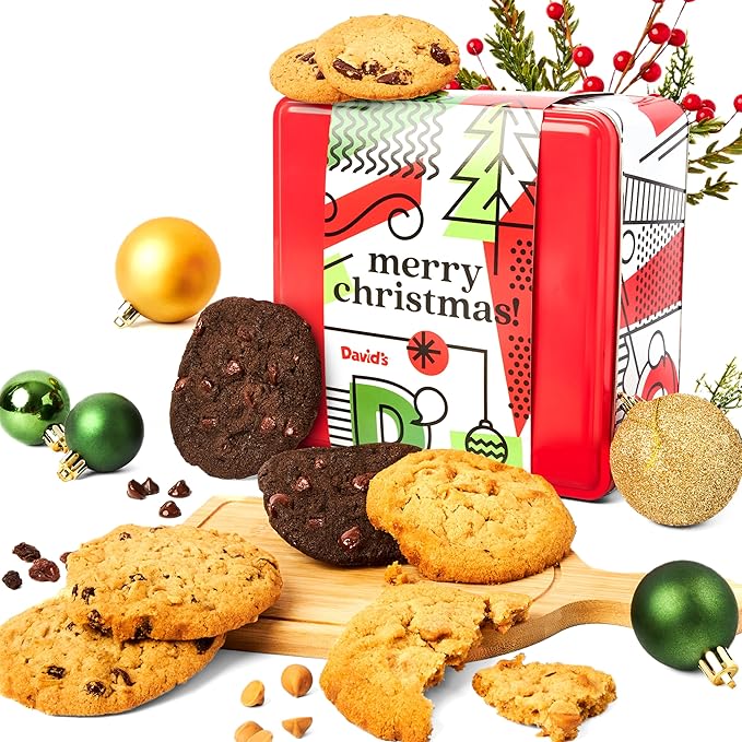 David's Cookies Gourmet and Freshly Baked Merry Christmas Assorted Cookies in a Lovely Tin Gift Box For Your Love Ones, Deliciously Handmade Soft Variety of Cookies - 2 Lbs
