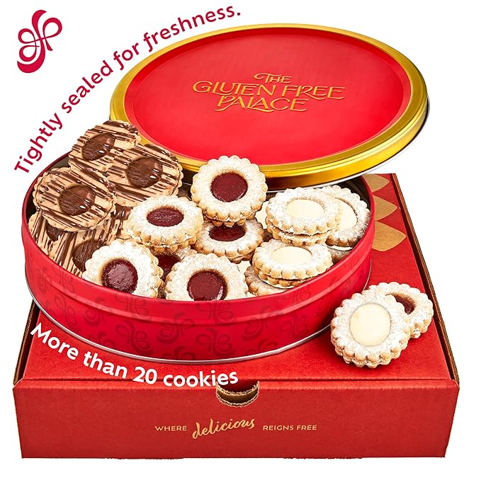 Gluten Free Palace Cookie Gift Basket – Assorted Shortbread Linzer Tart Cookies in Tin – Variety Cookie Gift for Birthday, Anniversary, Adults, Men & Women