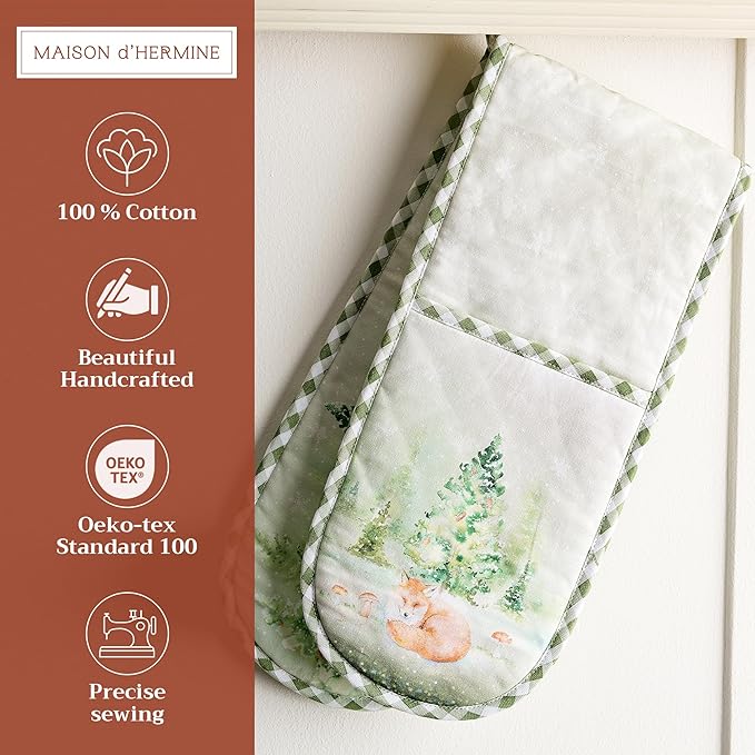 Maison d' Hermine Double Oven Mitts 100% Cotton 7"x35" Double Oven Mitt Heat Resistant BBQ Cooking Gloves with Loop, Baking, Grilling, Home, Kitchen, Handling Hot Pans (Winter Mornings)
