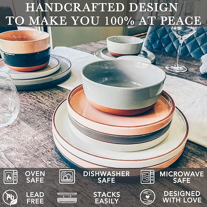 Mora Ceramic Flat Dinner Plates Set of 6, 10.5 in High Edge Dish Set - Microwave, Oven, and Dishwasher Safe, Scratch Resistant, Modern Dinnerware- Kitchen Porcelain Serving Dishes - Assorted Neutrals