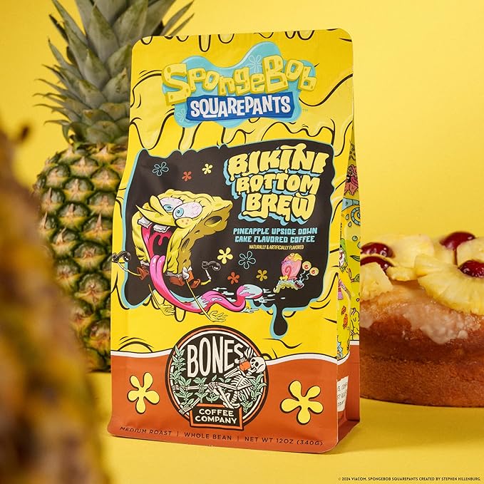 Bones Coffee Company Spongebob Bikini Bottom Brew, Pineapple Upside Down Cake Flavored Coffee, Medium Roast Low Acid Arabica Beans For Auto drip and French Press Coffee Maker, 12 Oz Ground