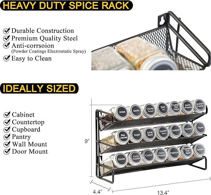 SpaceAid Spice Rack Organizer with 21 Spice Jars, 386 Spice Labels, Chalk Marker and Funnel Set for Cabinet, Countertop, Pantry, Cupboard or Door & Wall Mount - 21 Jars, 13.4" W × 9" H, Black
