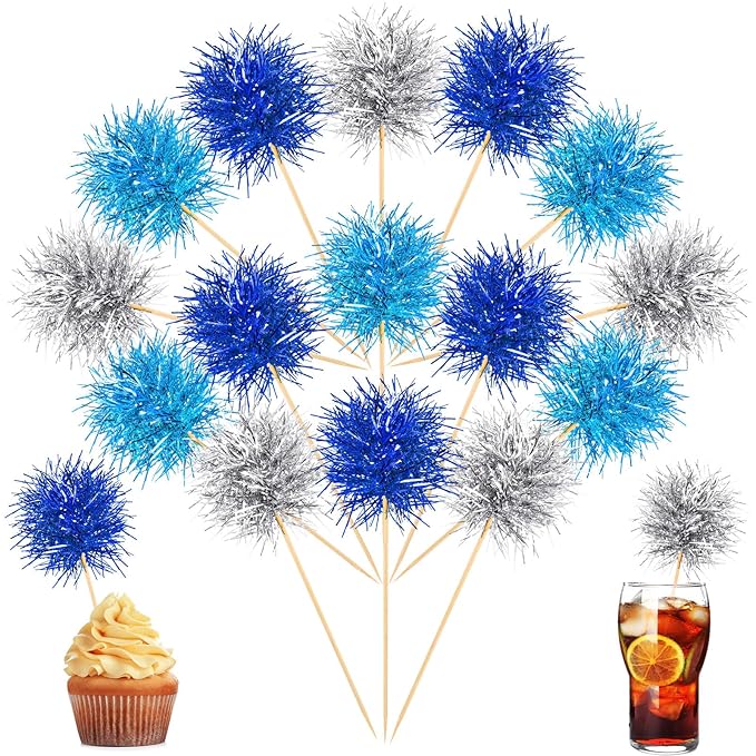 Chinco 100 Pcs Foil Firework Cupcake Toppers Sparkle Tinsel Cake Toppers Cake Decoration Cocktail Fruit Toothpick for Birthday Wedding Graduation Party(Dark Blue, Light Blue, Silver)