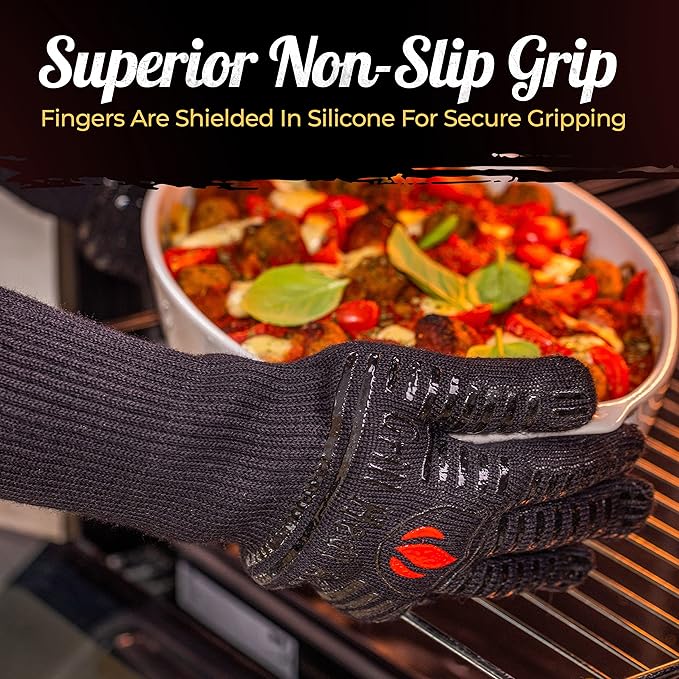 GRILL HEAT AID BBQ Grill Gloves Heat Proof for Grilling – Fireproof 1472°F Heat-Resistant Grill Mitts for Outdoor Barbecue and Smoker, Campfire, Fire Pit, Oven Glove with Fingers for Baking Pizza