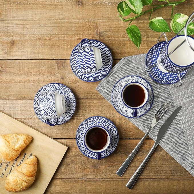 Selamica Ceramic Espresso Cups with Saucers, 2.5 OZ Stackable Demitasse Cups with Metal Stand, Mini Espresso Mugs for Latte Coffee Café Mocha Tea, Set of 6, Vintage Blue