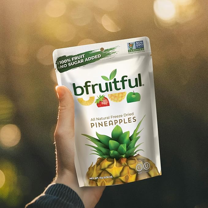bfruitful Freeze-Dried Pineapple, Freeze Dried Fresh Fruit Bites, Gluten Free, Vegan, Dairy Free, Kosher, No Sugar Added, Non GMO, Healthy Snacks for Kids or Adults, 0.56 oz Single-Serve Snack Packets, 12 Pack