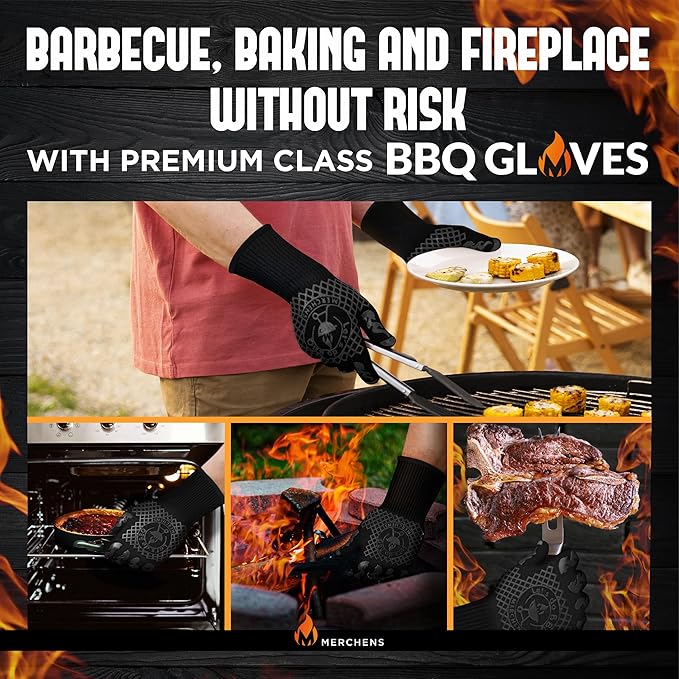 Pro-Series BBQ Gloves - Heat Resistant Grill, Grilling, and Oven Gloves for Culinary Experts - Extreme Fireproof Protection, Silicone Grip, Extra Long Mitts - Indoor & Outdoor - with Protective case