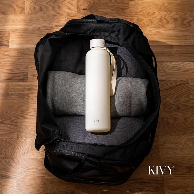 KIVY Slim Water Bottle 32oz [Lightweight & Shatterproof] Fits Backpack & Cupholder for Travel, Sports, School - Beige water bottle no straw - Cute aesthetic water bottles screw top - Dishwasher Safe