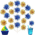40 PCS Foil Firework Cupcake Toppers Sparkle Tinsel Cupcake Picks Fireworks Birthday Party Decorations Cocktail Fruit Toothpick for Birthday Wedding Graduation Party Decorations Supplies Gold Blue