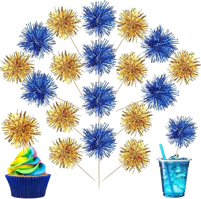 40 PCS Foil Firework Cupcake Toppers Sparkle Tinsel Cupcake Picks Fireworks Birthday Party Decorations Cocktail Fruit Toothpick for Birthday Wedding Graduation Party Decorations Supplies Gold Blue