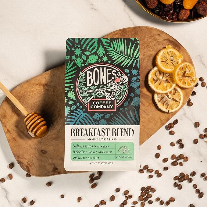 Bones Coffee Company Breakfast Blend, Chocolate, Honey and Dried Fruit Notes, Unflavored Coffee, Medium Roast Low Acid Arabica Beans Compatible with Auto drip and French Press Coffee Maker, 12 Oz Ground
