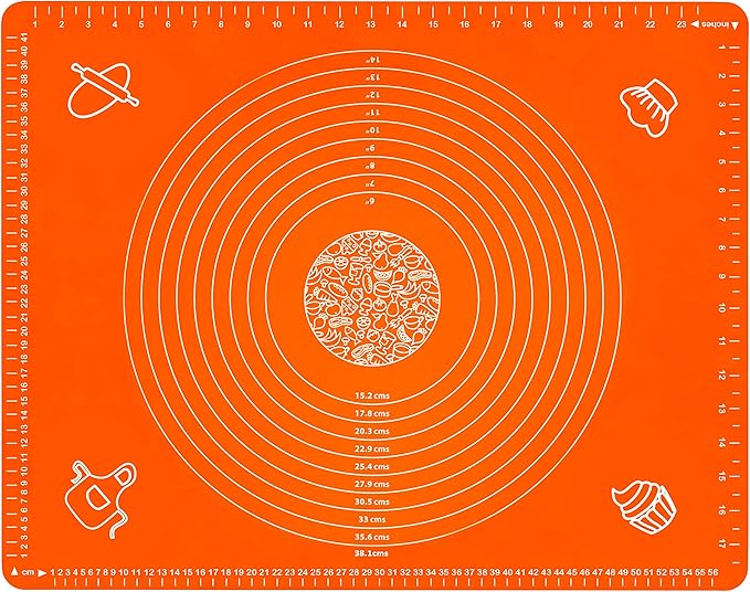 Silicone Baking Mat for Rolling Pastry Dough with Measurements, 25.6 x 17.7 BPA Free Non stick and Non Slip Orange Table Sheet Baking Supplies for Bake Pizza Cake