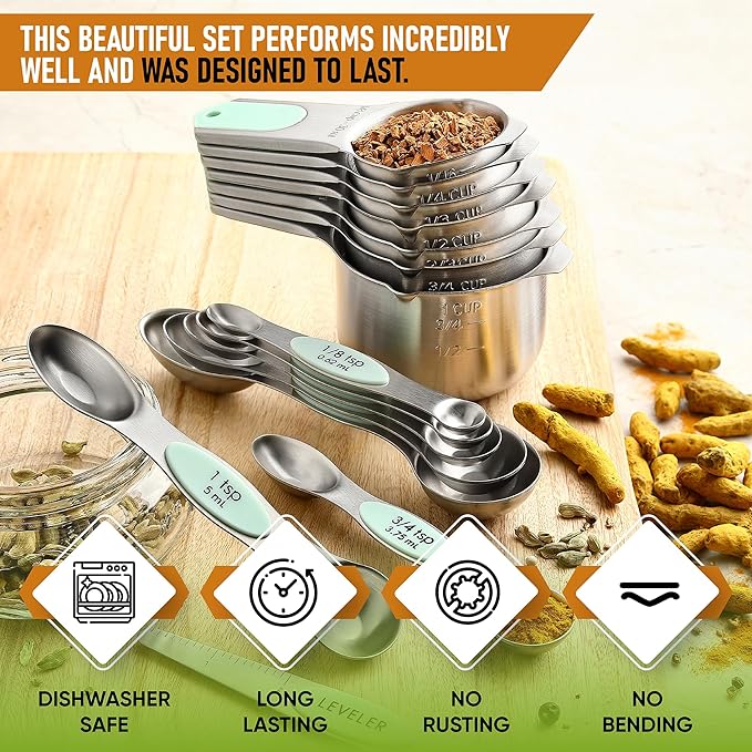 Spring Chef Magnetic Measuring Cups & Spoons Set (Patent Pending), Strong N45 Magnets, Heavy Duty Stainless Steel Fits in Spice Jars for Baking & Cooking, BPA Free, Round Set of 15 with Leveler, Mint