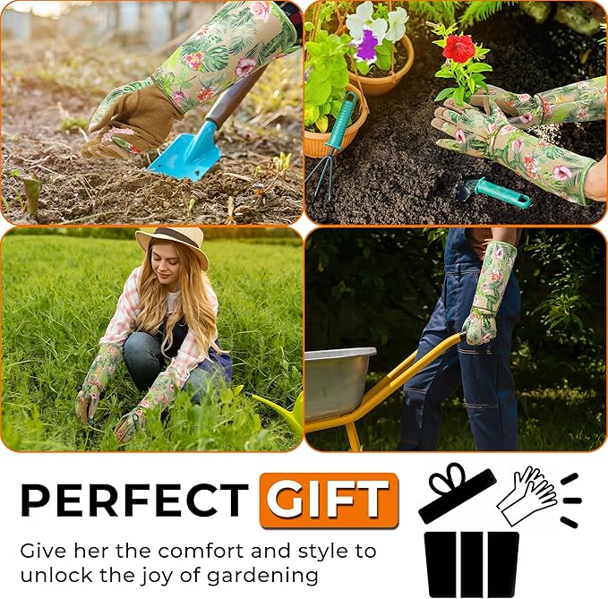 HANDLANDY Leather Gardening Gloves for Women, Scratch Resistant Breathable Ladies Rose Pruning Garden Gauntlet Yard Gloves, Gift for Gardeners (Khaki, XL)