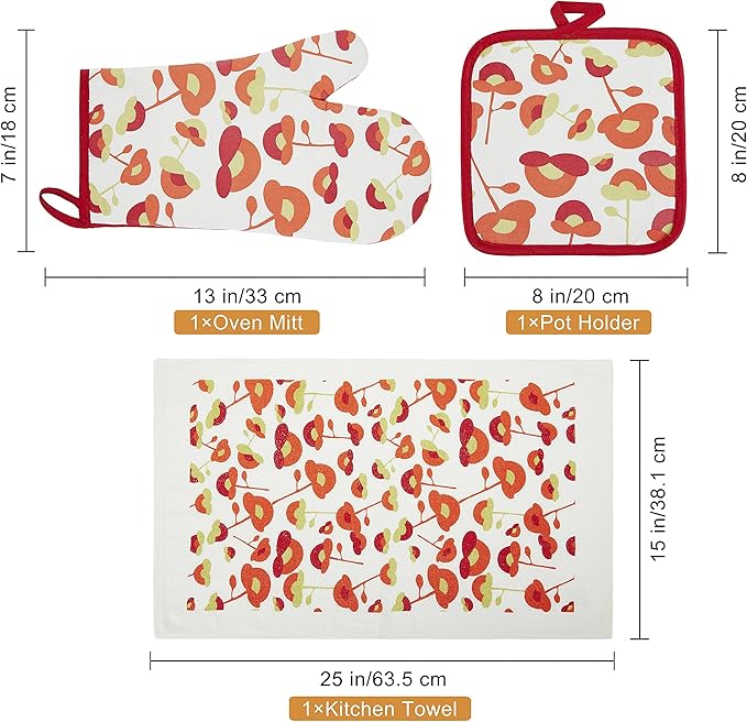 Oven Mitts and Potholders Dish Towles Set 100% Cotton for Perfect for Gifting, Baking, and Everyday Cooking Durable Heat Resistant for Kitchen and Machine Washable (3-Piece Red Flower)