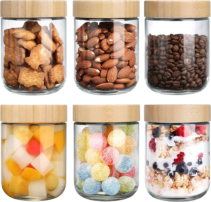OcePor 6 Pack 16oz Glass Jars with Bamboo Lids, Over Night Oats Container with Airtight Lid, Glass Snack Storage Salad Jars For Food, Yogurt, Sugar and Flour,Coffee Bean, Cookie, Cereal