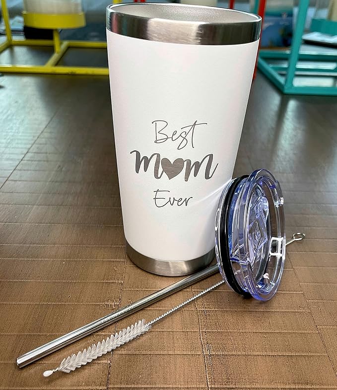 Best Mom Ever Tumbler Gift. 20 Oz Insulated Stainless Steel With Lid, Straw & Brush. Gift Idea For Mom Birthday, Mother's Day Gift Travel Mug Or New Mom Christmas Gift. Laser Engraved.(White)